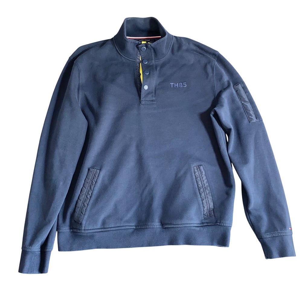 Tommy Hilfiger TH85 Logo Snap Collar Pullover Sweatshirt Navy Blue Men XL Pocket